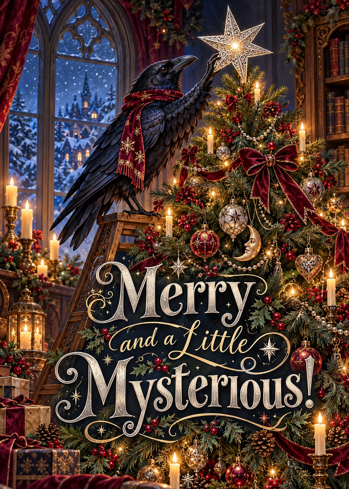 Gothic Christmas card with a raven holding a star beneath “Merry and a Little Mysterious!”.