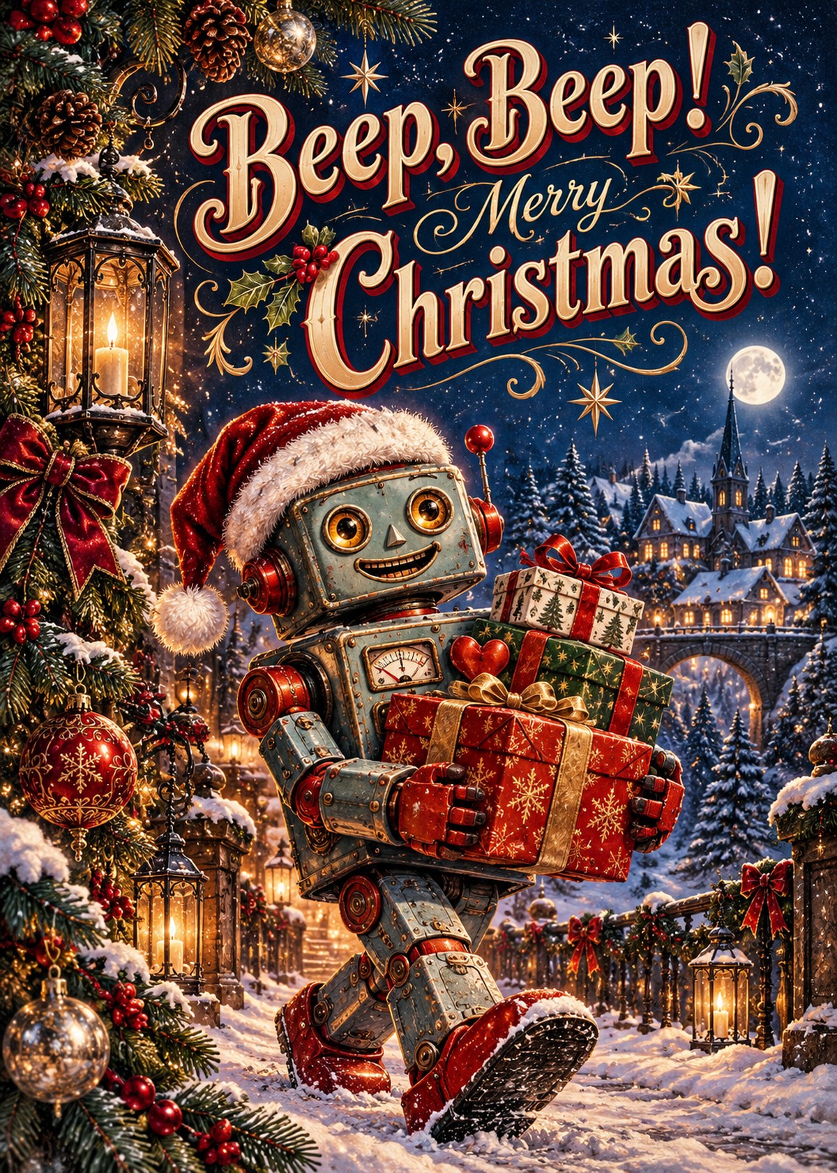 Gothic Christmas card with a Santa-hat robot carrying gifts beneath “Beep, Beep! Merry Christmas!”.