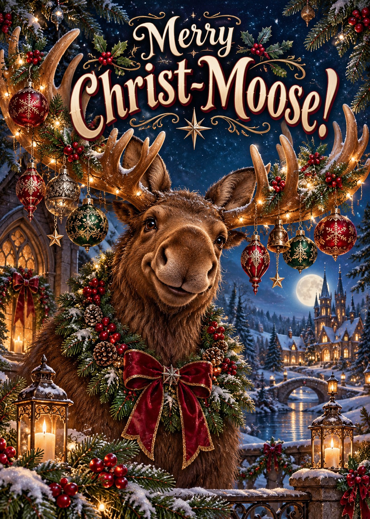 Gothic Christmas card with a moose beneath “Merry Christ-Moose!”.