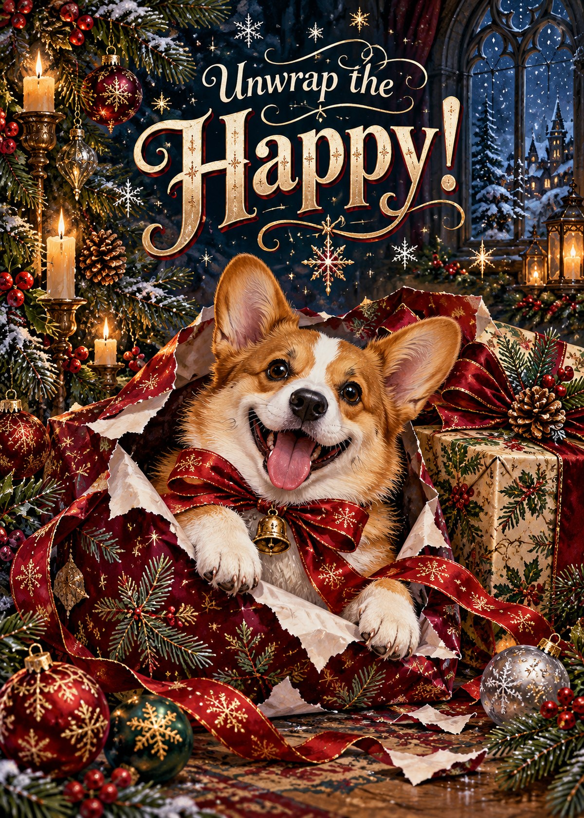 Gothic Christmas card with a corgi emerging from wrapping paper beneath “Unwrap the Happy!”.