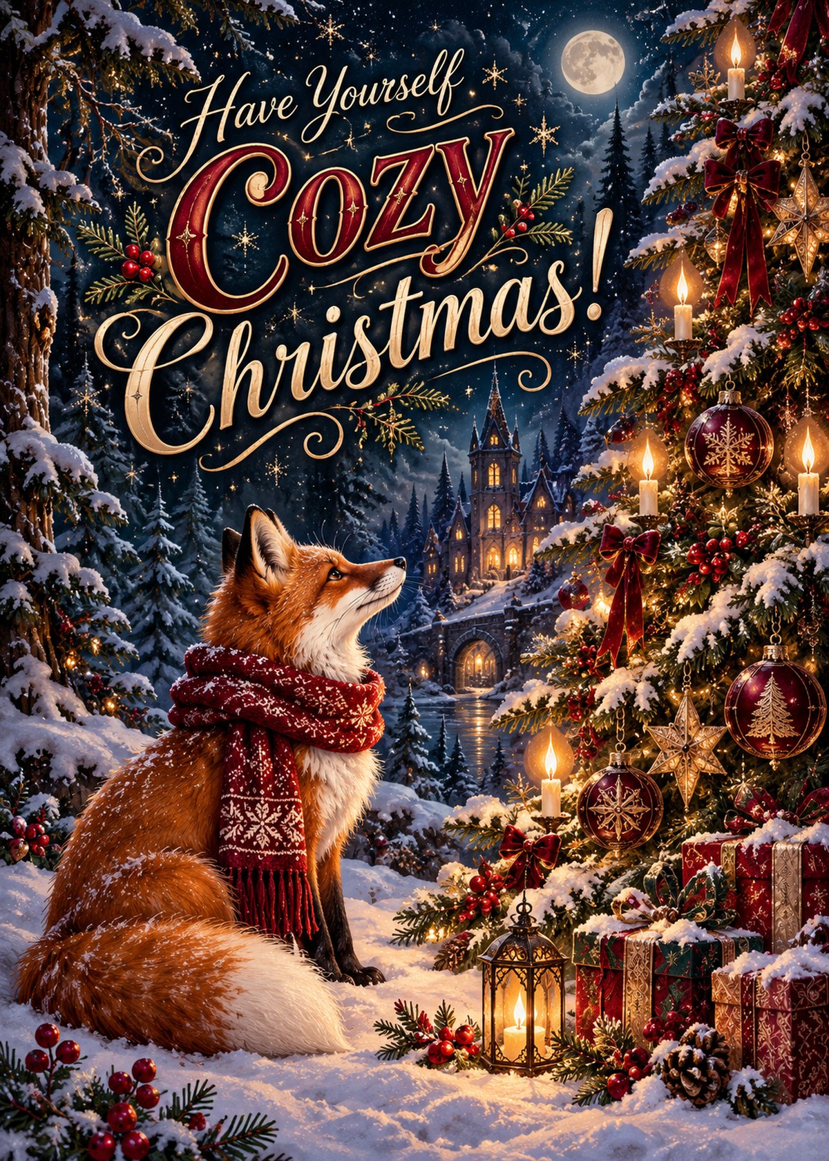 Gothic Christmas card with a scarf-wearing fox near a glowing tree beneath “Have Yourself a Cozy Christmas!”.