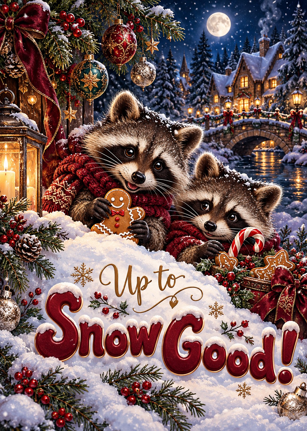 Gothic Christmas card with two raccoons by a snowy treat-filled bank beneath “Up to Snow Good!”.