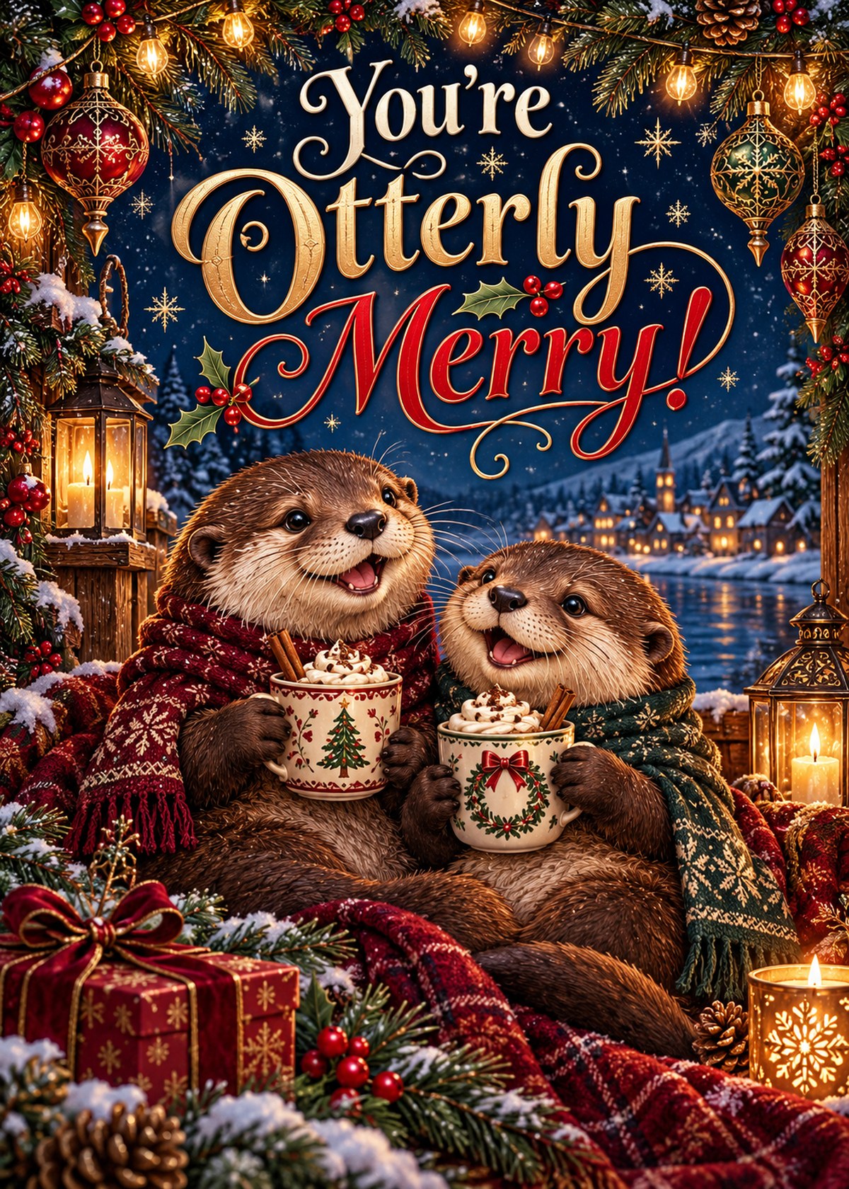 Gothic Christmas card with two otters sharing cocoa beneath “You’re Otterly Merry!”.