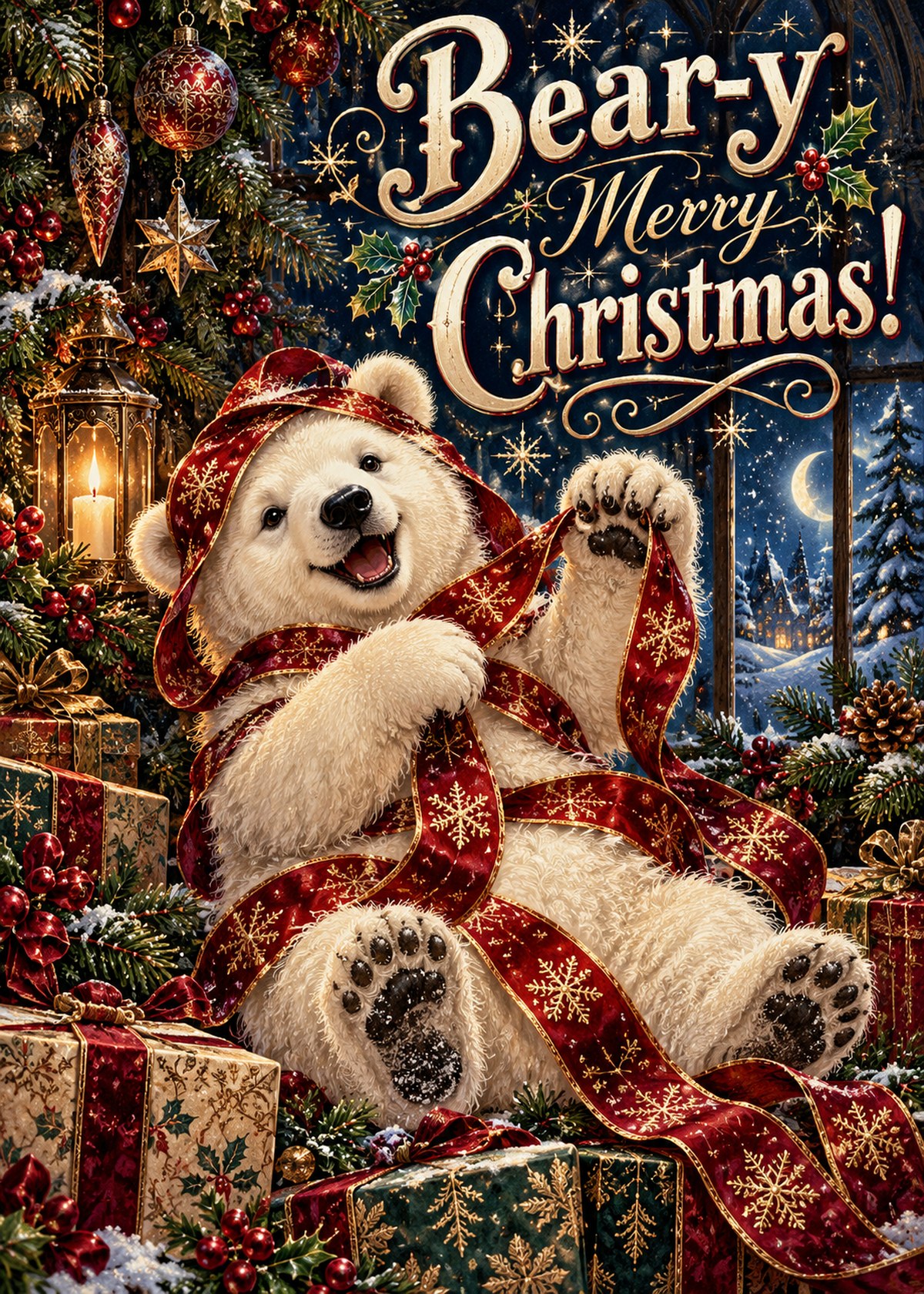 Gothic Christmas card with a polar bear tangled in ribbon beneath “Bear-y Merry Christmas!”.