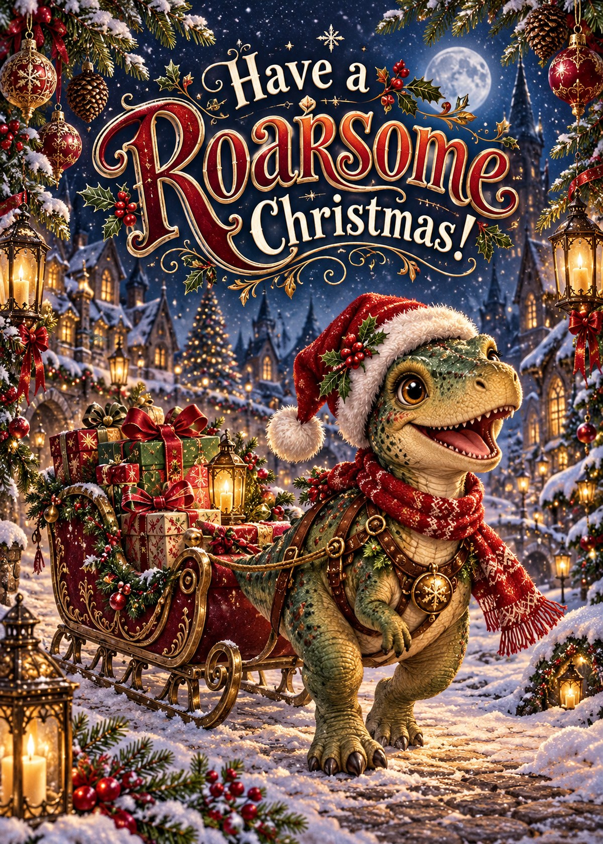 Gothic Christmas card with a dinosaur pulling a sleigh beneath “Have a Roarsome Christmas!”.
