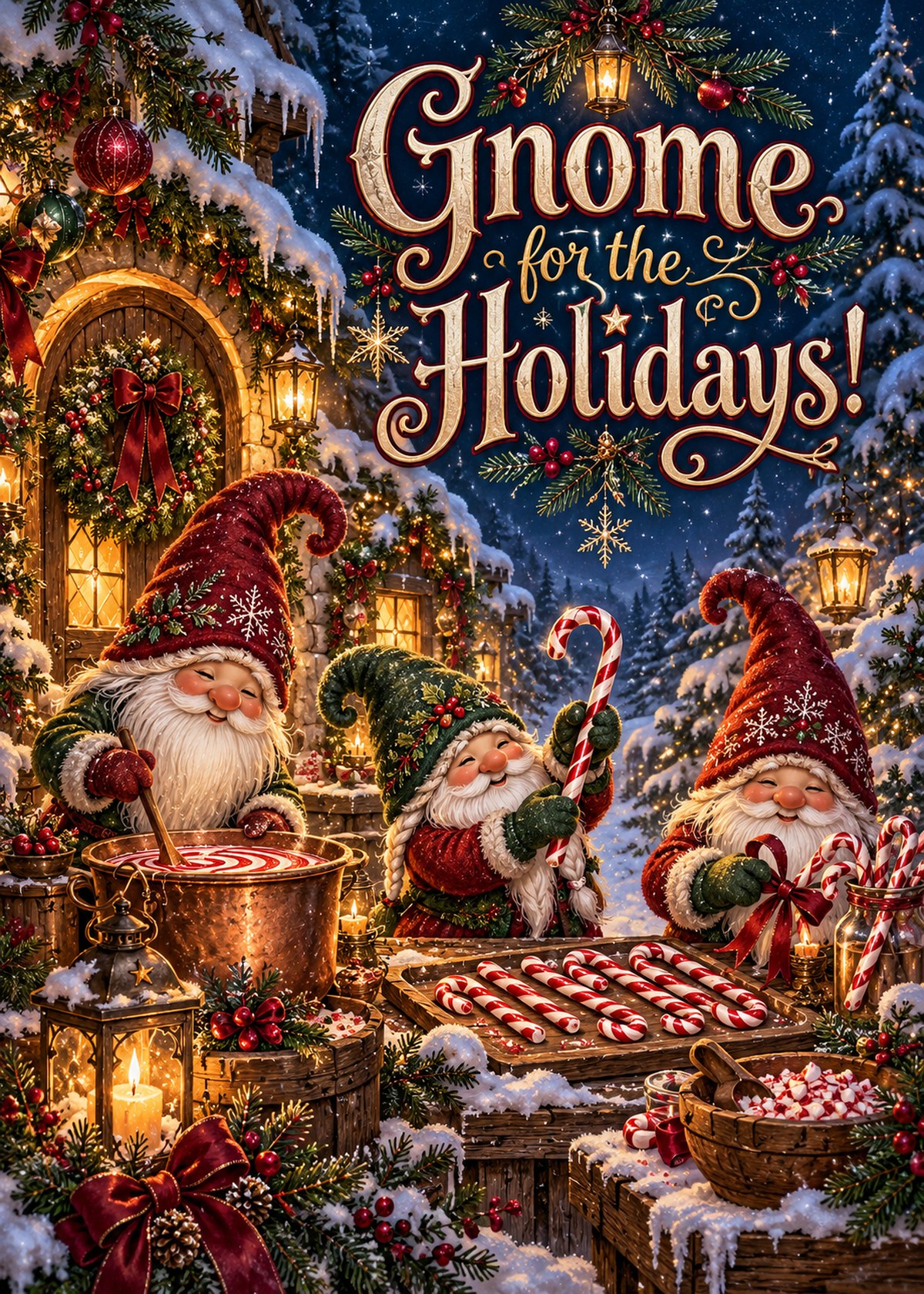 Gothic Christmas card with three gnomes making candy canes beneath “Gnome for the Holidays!”.