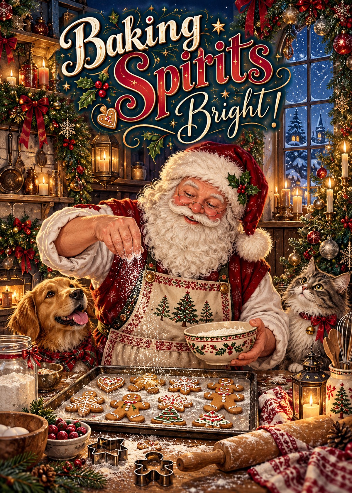 Gothic Christmas card with Santa baking gingerbread beneath “Baking Spirits Bright!”.