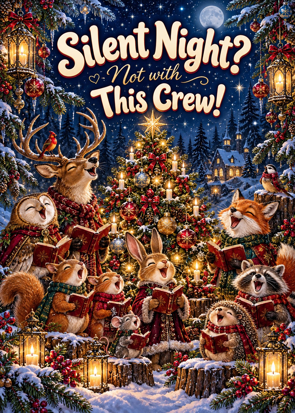 Gothic Christmas card with a choir of woodland animals beneath “Silent Night? Not with This Crew!”.