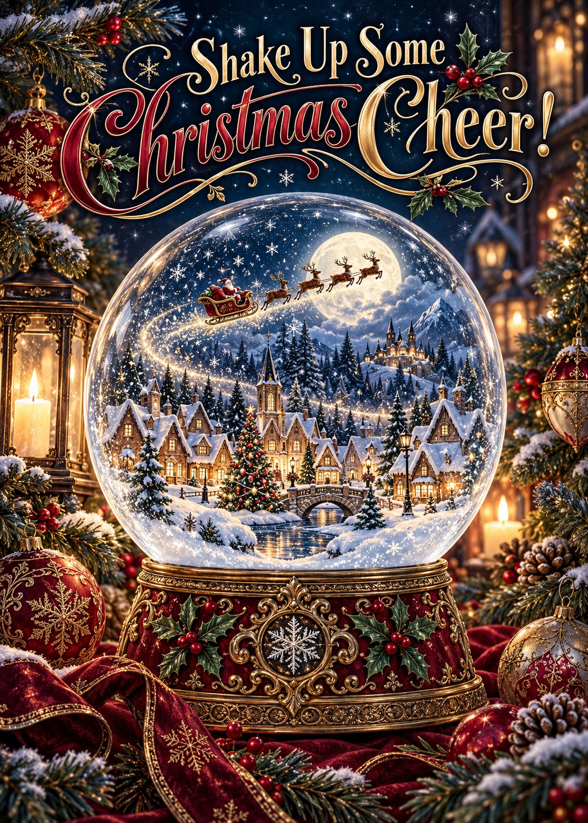 Gothic Christmas card with a snowy village inside a globe beneath “Shake Up Some Christmas Cheer!”.