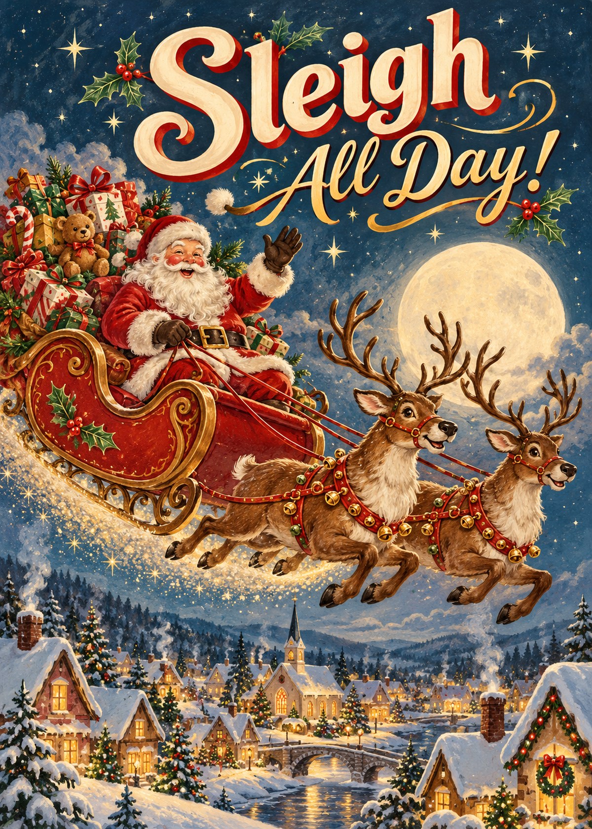 Vintage Christmas card with Santa steering a gift-filled sleigh beneath “Sleigh All Day!”.
