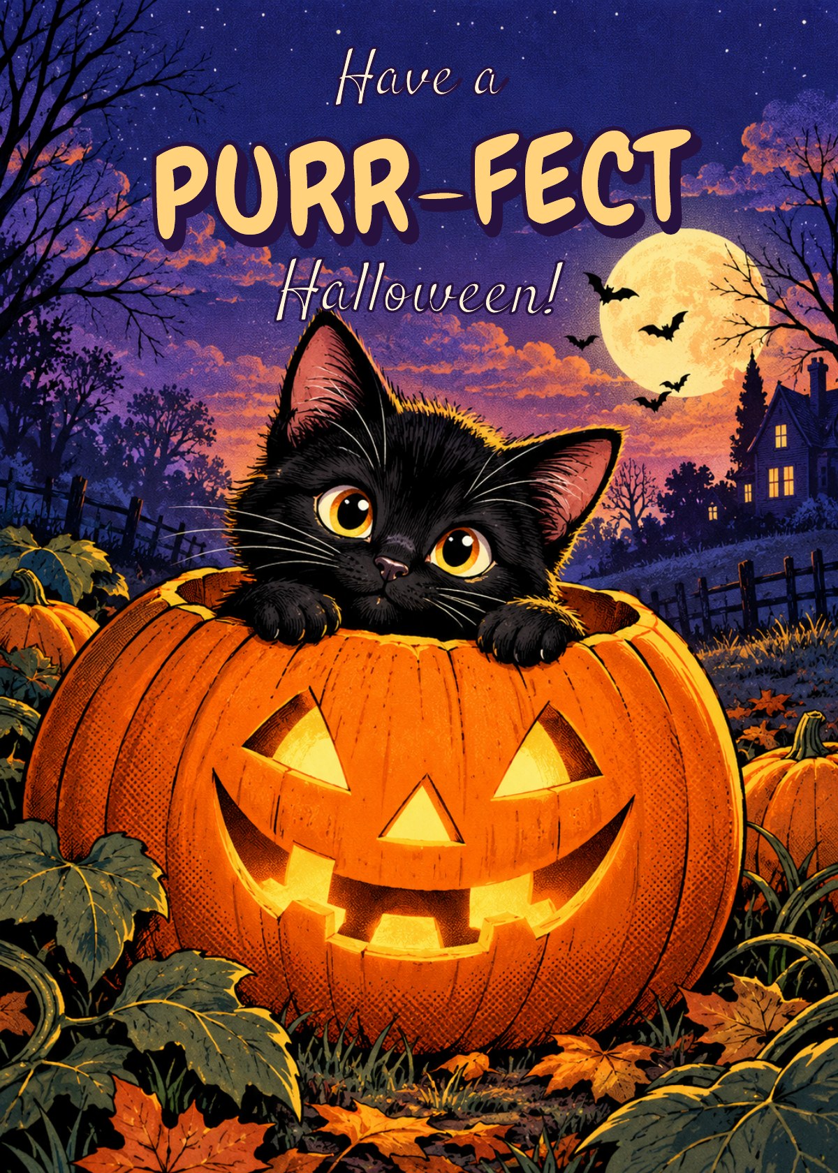 Comic Halloween card showing a black kitten peeking out of a jack-o-lantern. Greeting: Have a Purr-fect Halloween!