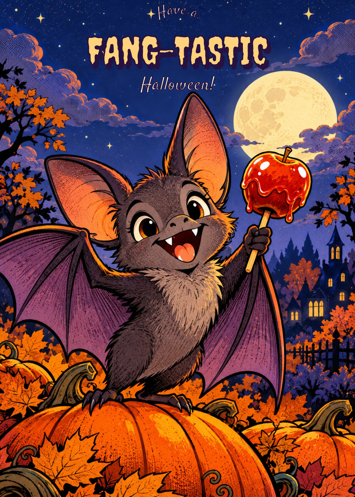 Comic Halloween card showing a cheerful bat with a candy apple. Greeting: Have a Fang-tastic Halloween!