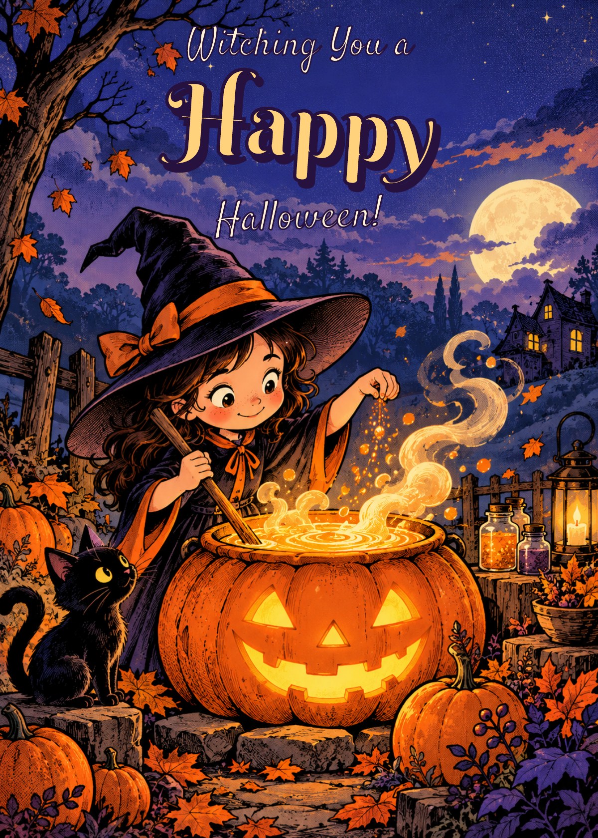 Comic Halloween card showing a tiny witch preparing a bubbling pumpkin potion. Greeting: Witching You a Happy Halloween!