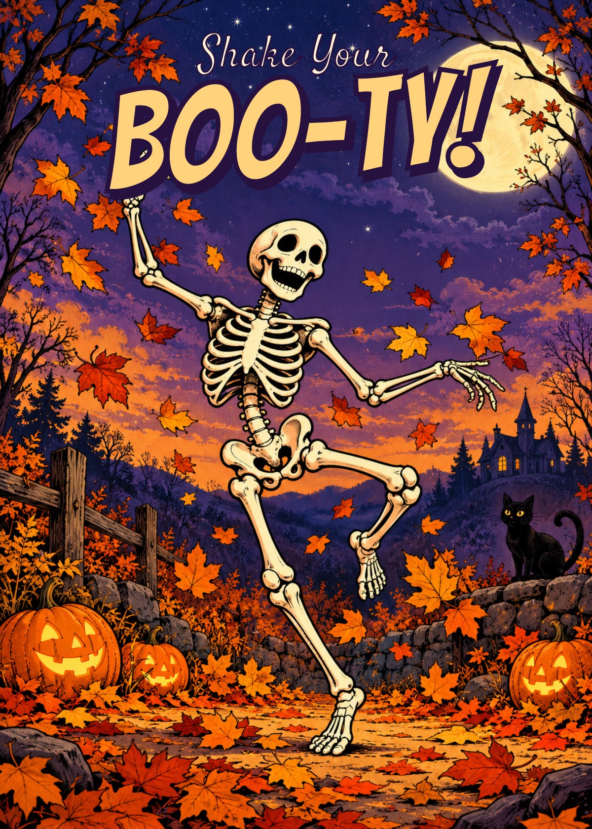 Comic Halloween card showing a smiling skeleton dancing among falling leaves. Greeting: Shake Your Boo-ty!