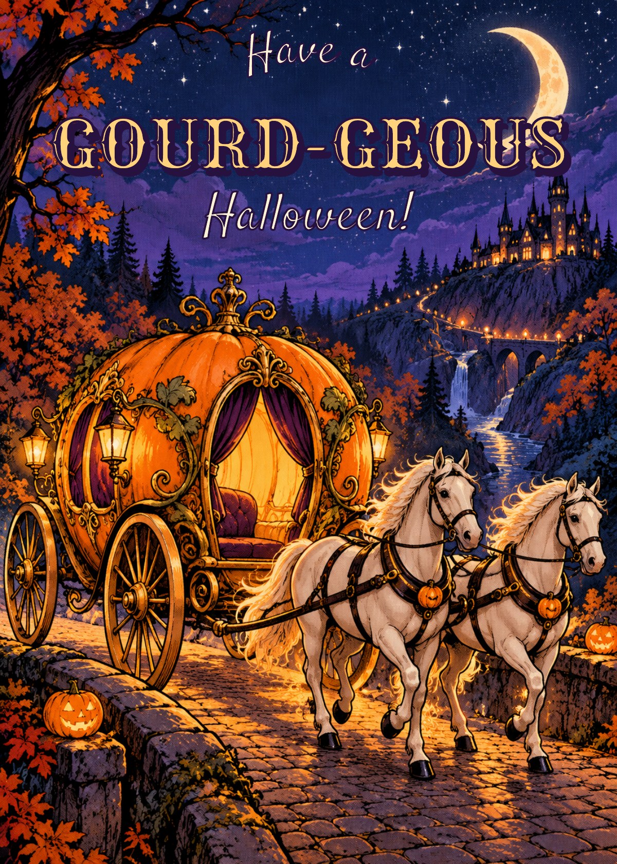 Comic Halloween card showing a pumpkin carriage beneath a crescent moon. Greeting: Have a Gourd-geous Halloween!