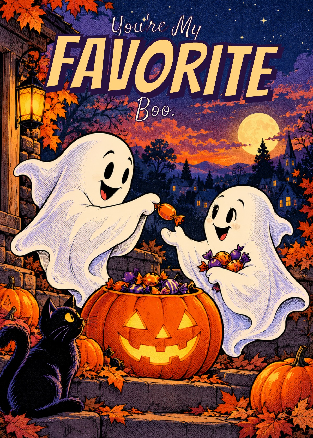 Comic Halloween card showing two friendly ghosts sharing wrapped candy. Greeting: You're My Favorite Boo.