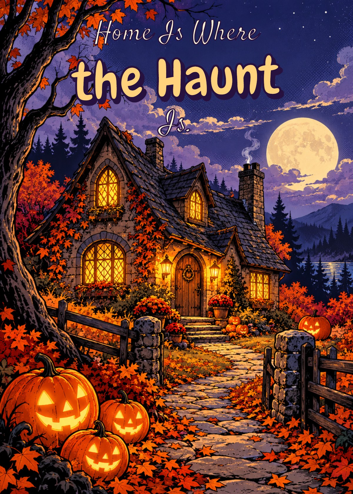 Comic Halloween card showing a haunted cottage with welcoming glowing windows. Greeting: Home Is Where the Haunt Is.