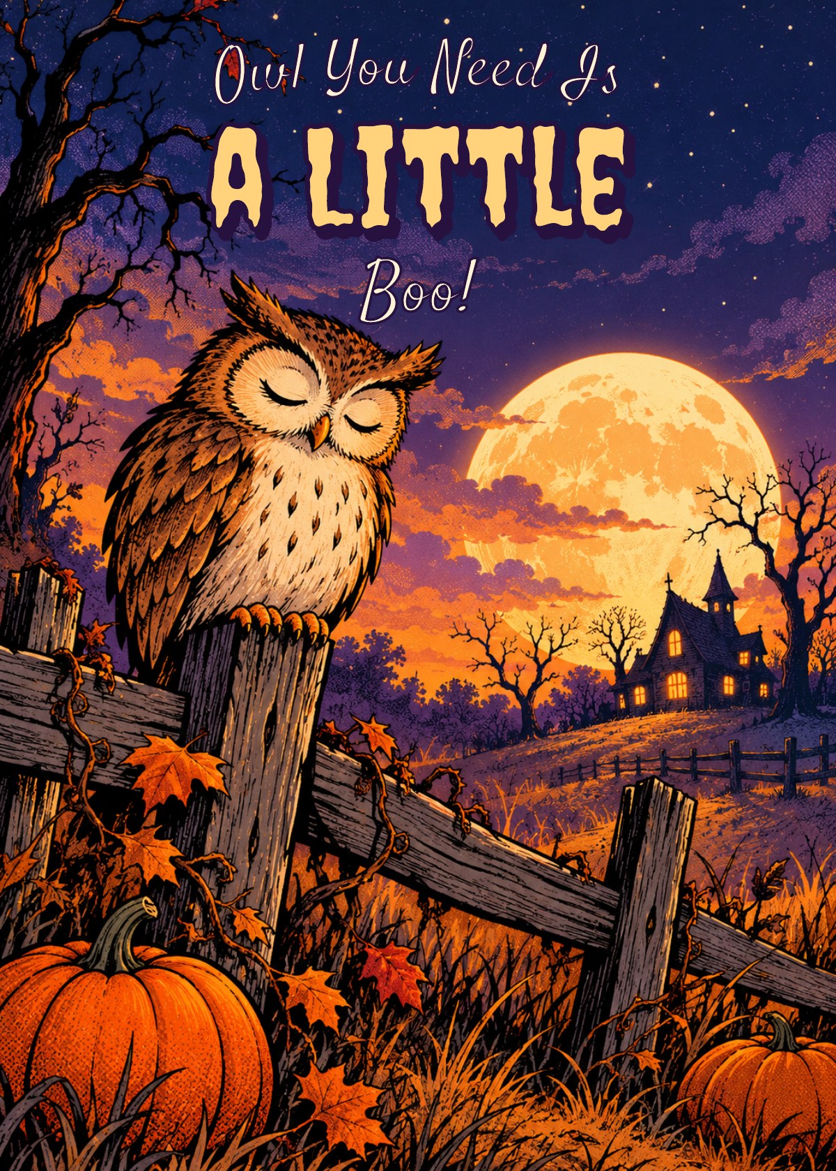 Comic Halloween card showing a sleepy owl perched on a crooked fence. Greeting: Owl You Need Is a Little Boo!