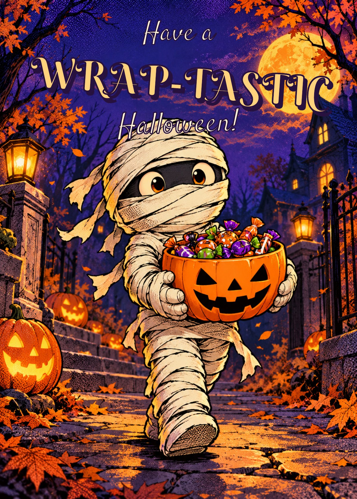 Comic Halloween card showing a mummy carefully carrying a candy bowl. Greeting: Have a Wrap-tastic Halloween!