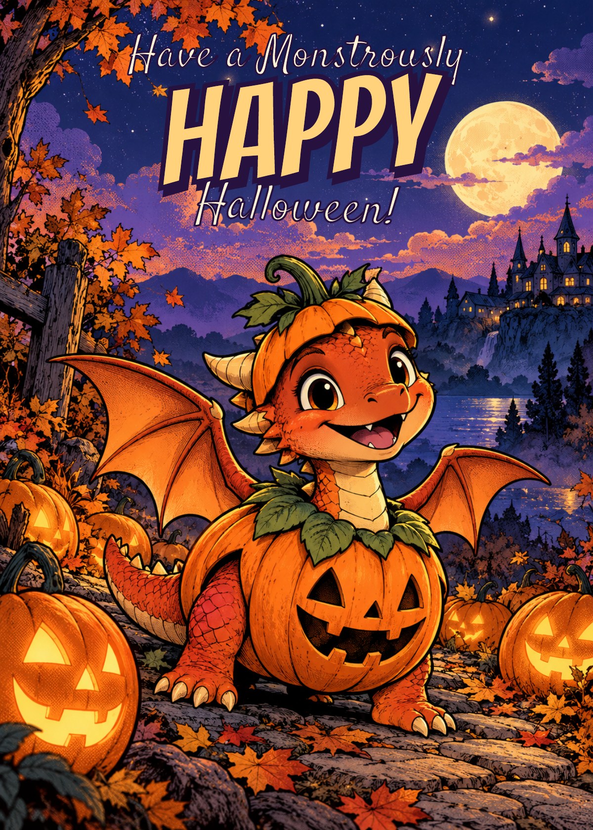 Comic Halloween card showing a little dragon dressed as a pumpkin. Greeting: Have a Monstrously Happy Halloween!
