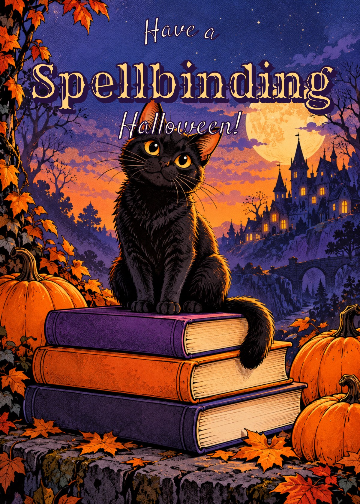 Comic Halloween card showing a cat sitting on a stack of blank-spined books. Greeting: Have a Spellbinding Halloween!