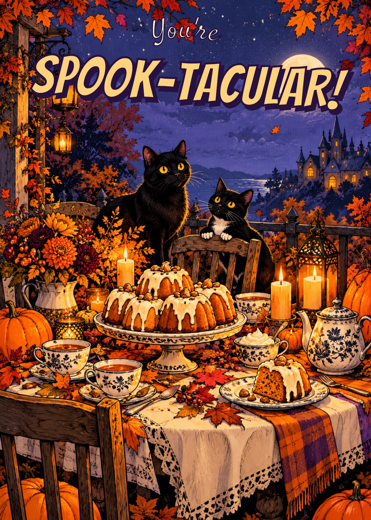 Comic Halloween card showing a candlelit autumn tea table with pumpkin cakes. Greeting: You're Spook-tacular!