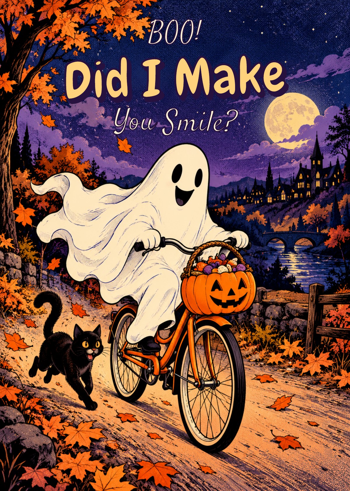 Comic Halloween card showing a ghost riding a bicycle with a pumpkin basket. Greeting: Boo! Did I Make You Smile?