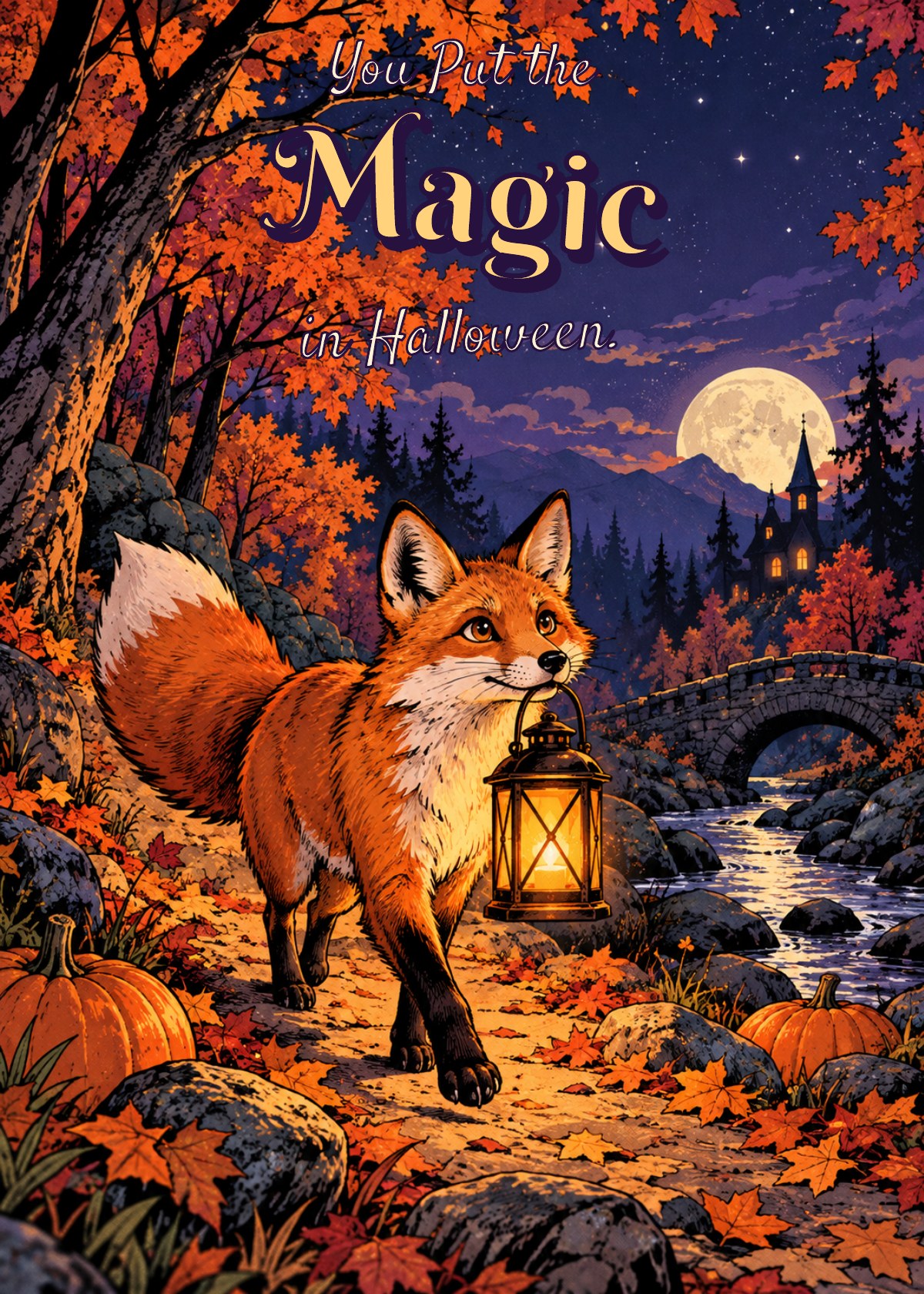 Comic Halloween card showing a fox carrying a lantern through autumn woods. Greeting: You Put the Magic in Halloween.