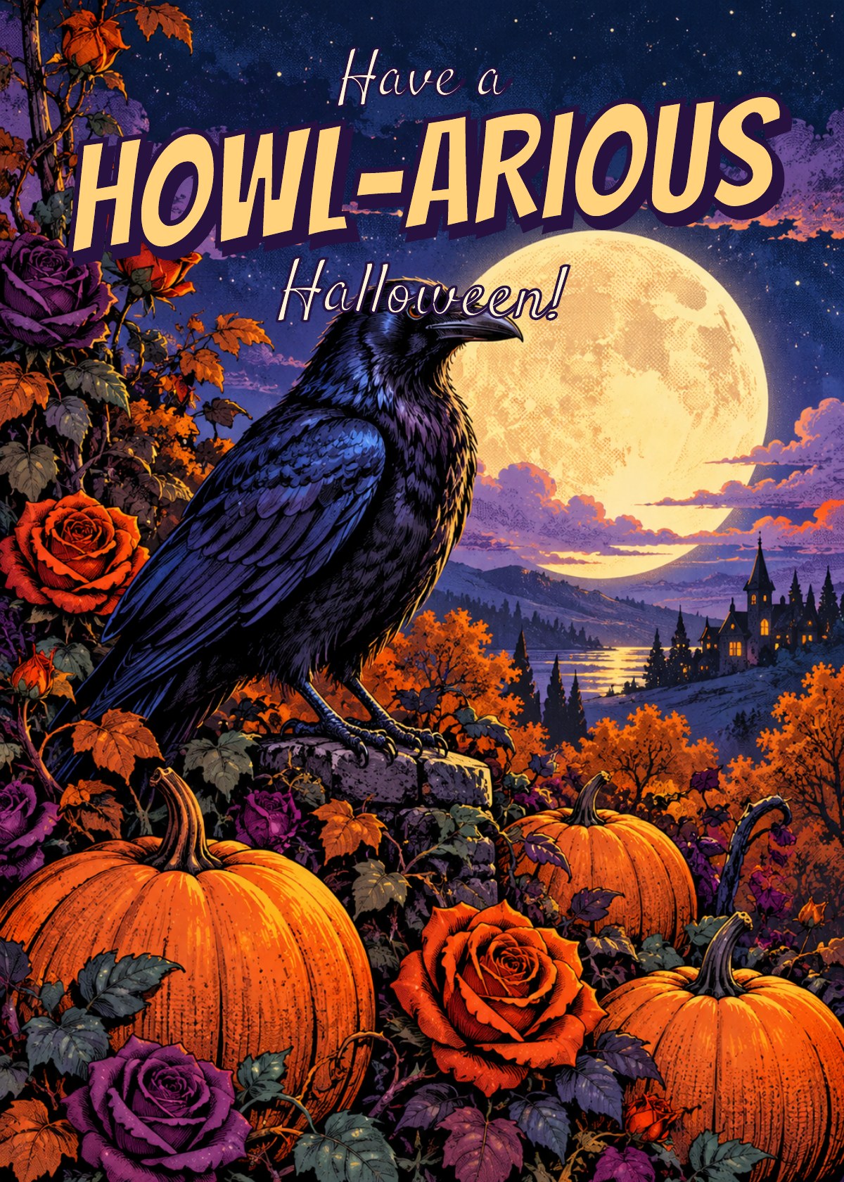 Comic Halloween card showing a raven among moonlit roses and pumpkins. Greeting: Have a Howl-arious Halloween!