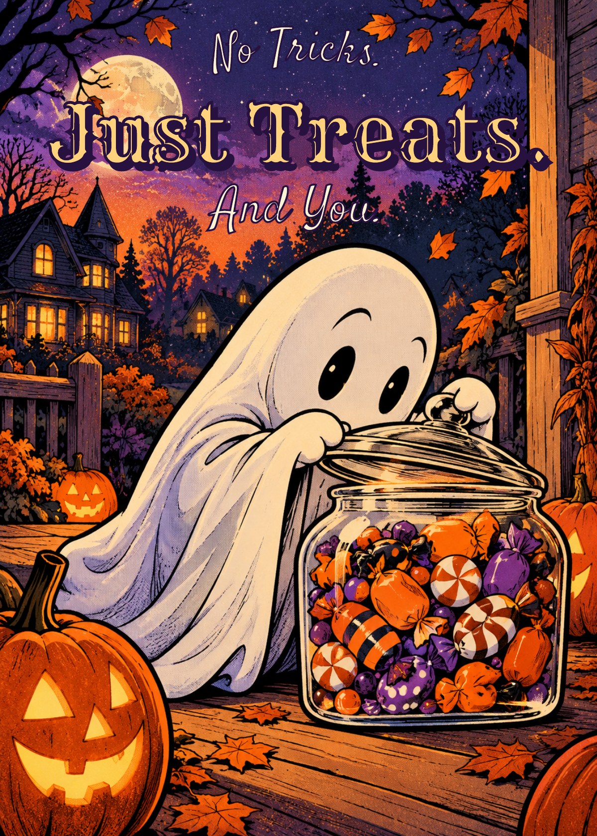 Comic Halloween card showing a curious ghost looking into a candy jar. Greeting: No Tricks. Just Treats. And You.