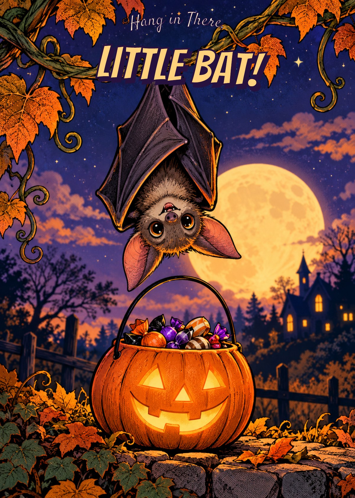 Comic Halloween card showing a bat hanging from a vine above a candy bucket. Greeting: Hang in There, Little Bat!