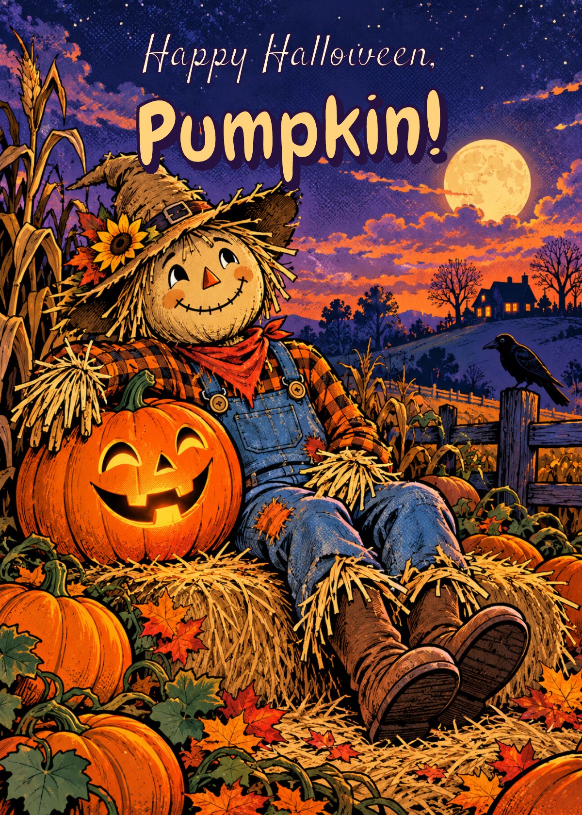 Comic Halloween card showing a smiling scarecrow with a pumpkin friend. Greeting: Happy Halloween, Pumpkin!
