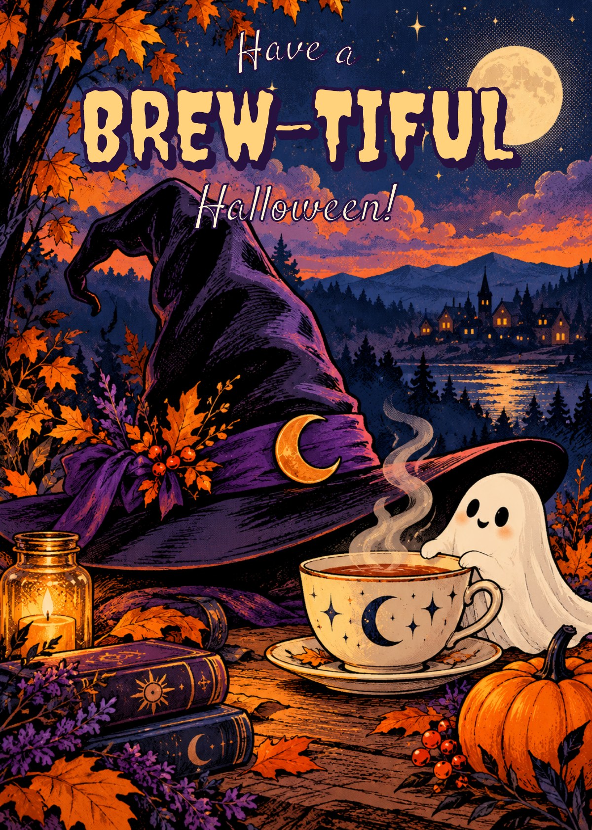 Comic Halloween card showing a witch hat beside a teacup and a tiny ghost. Greeting: Have a Brew-tiful Halloween!