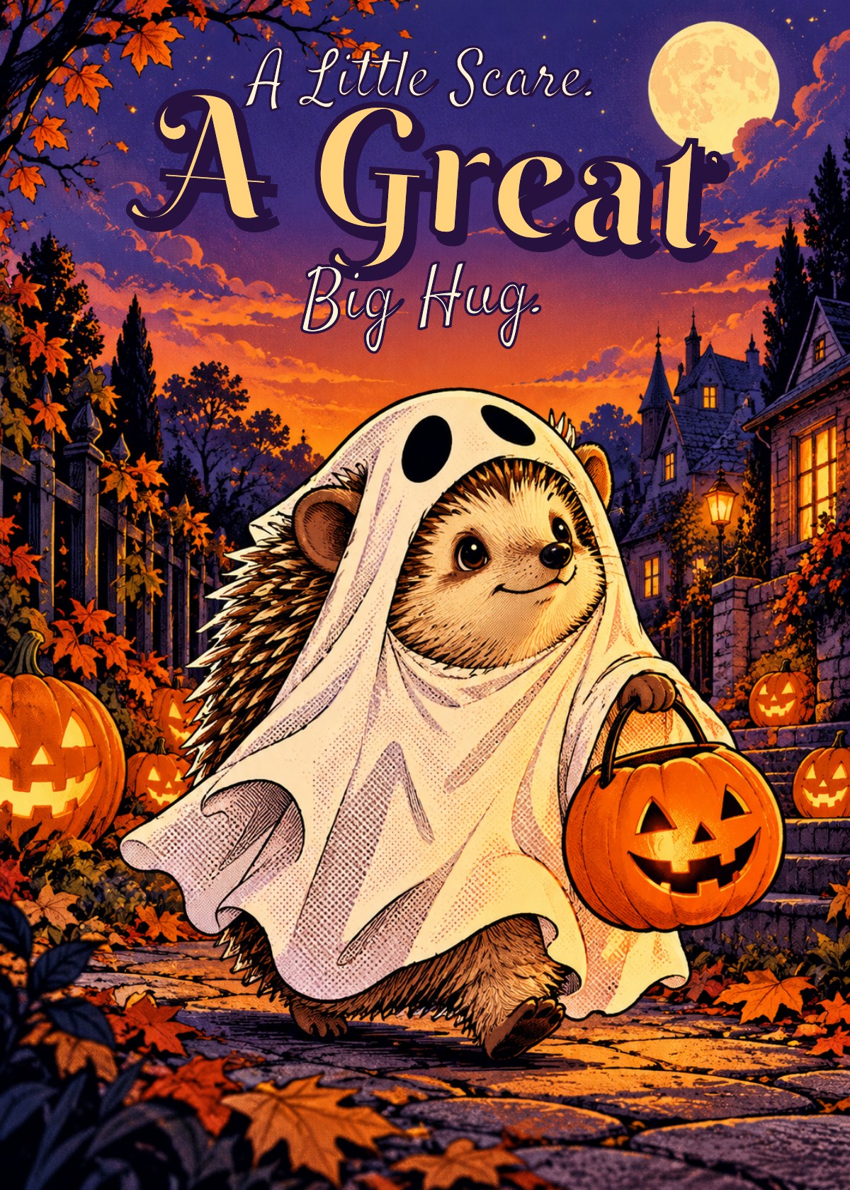 Comic Halloween card showing a hedgehog in a little ghost costume. Greeting: A Little Scare. A Great Big Hug.