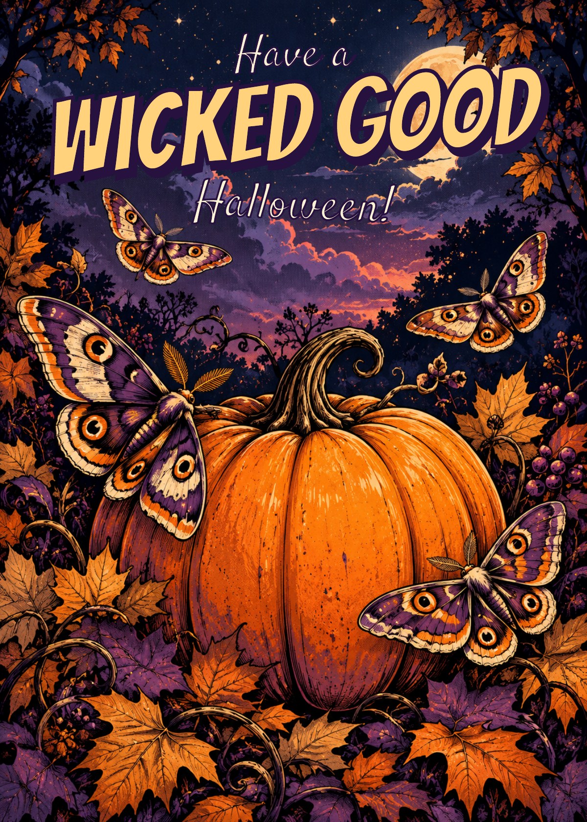 Comic Halloween card showing an elegant pumpkin surrounded by moths and leaves. Greeting: Have a Wicked Good Halloween!