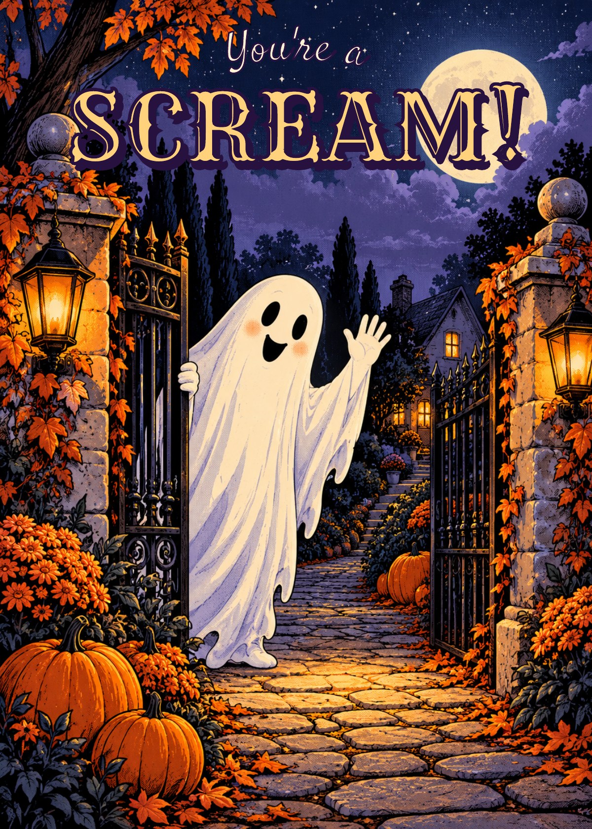Comic Halloween card showing a ghost waving from a moonlit garden gate. Greeting: You're a Scream!
