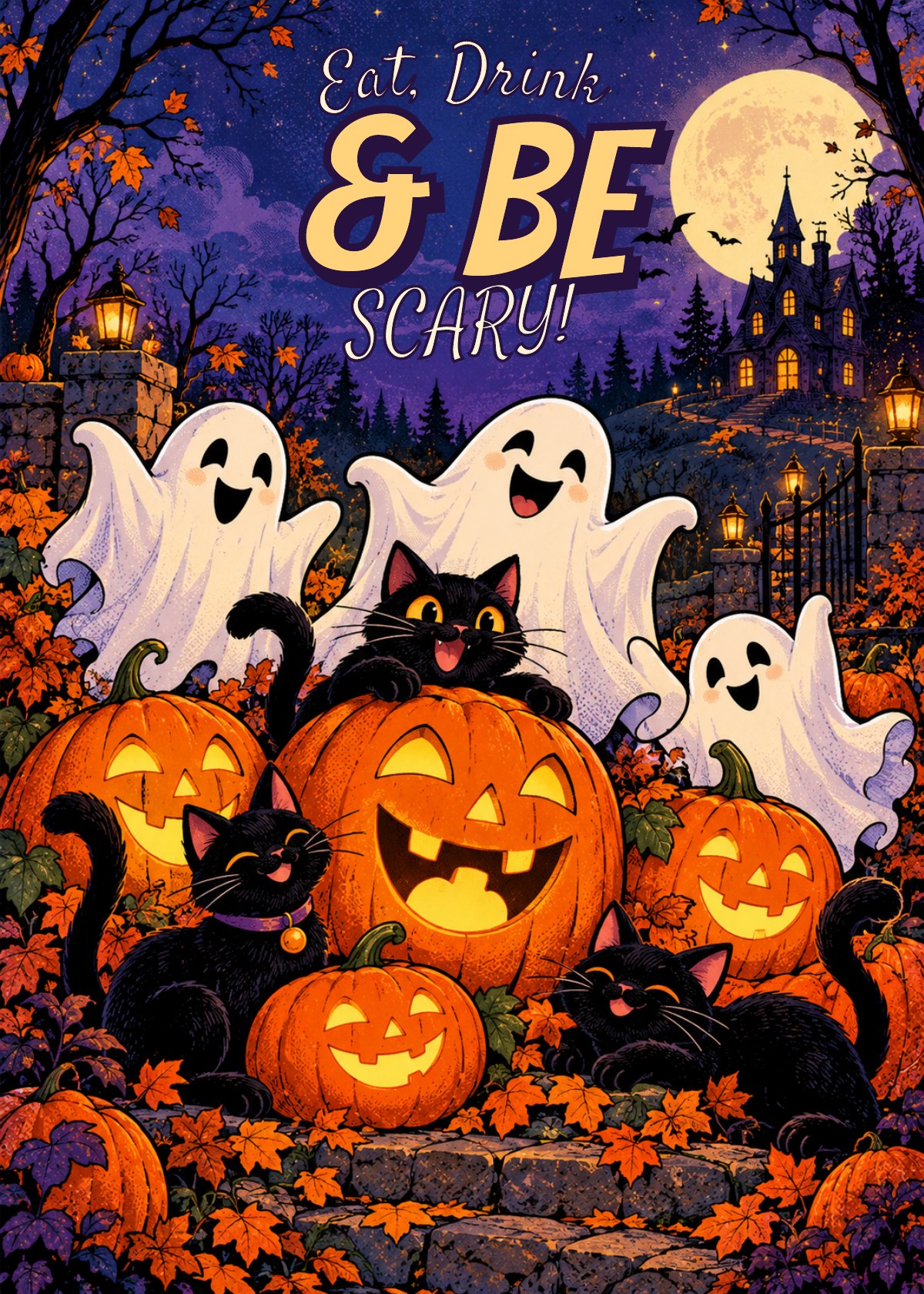 Comic Halloween card showing a cheerful gathering of pumpkins, ghosts and cats. Greeting: Eat, Drink & Be Scary!