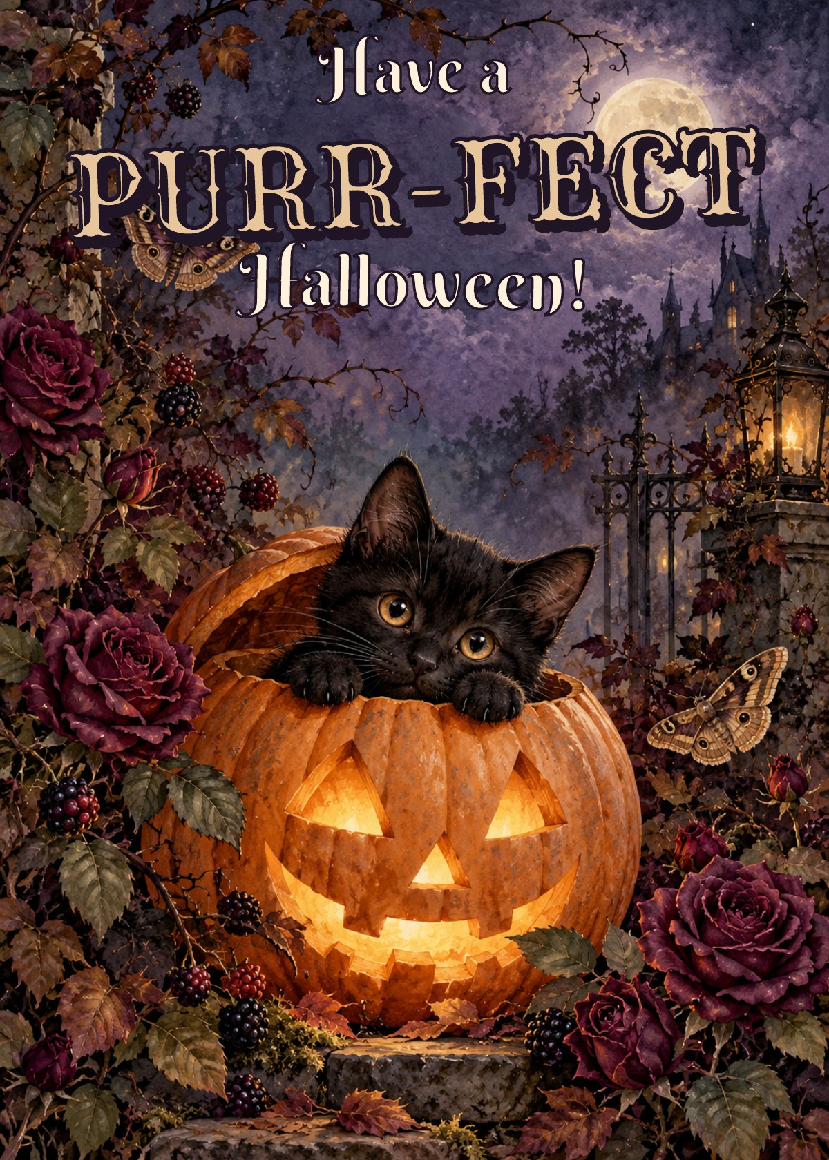 Gothic Halloween card showing a black kitten peeking out of a jack-o-lantern. Greeting: Have a Purr-fect Halloween!