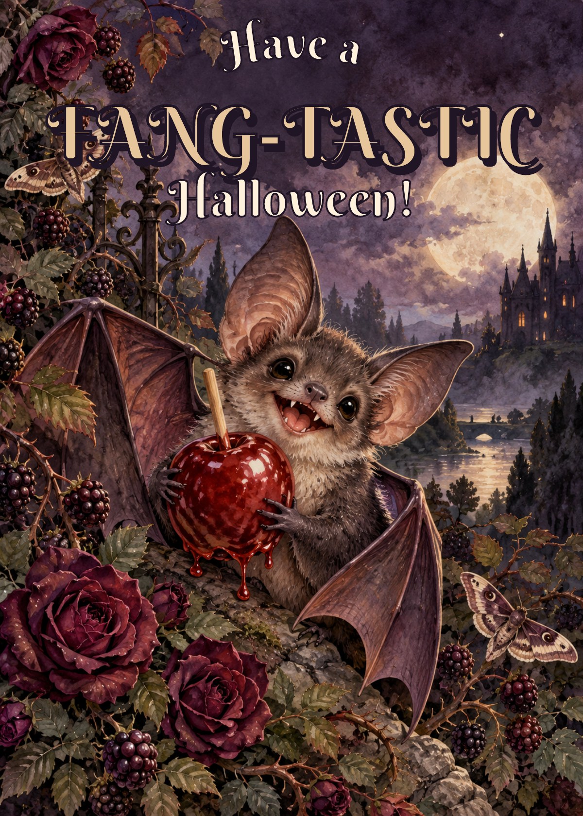 Gothic Halloween card showing a cheerful bat with a candy apple. Greeting: Have a Fang-tastic Halloween!