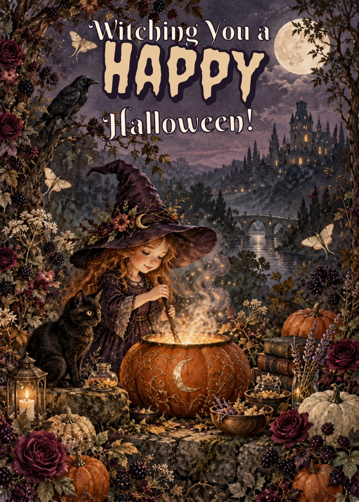 Gothic Halloween card showing a tiny witch preparing a bubbling pumpkin potion. Greeting: Witching You a Happy Halloween!
