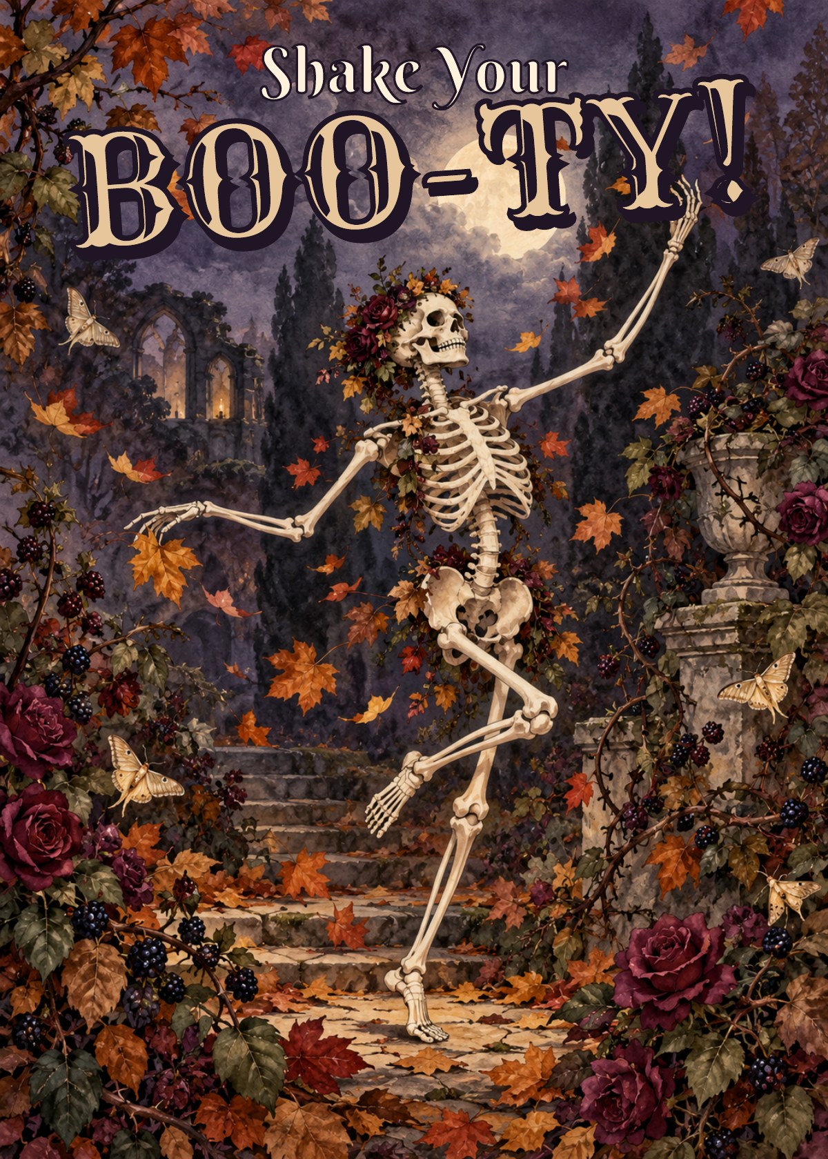 Gothic Halloween card showing a smiling skeleton dancing among falling leaves. Greeting: Shake Your Boo-ty!