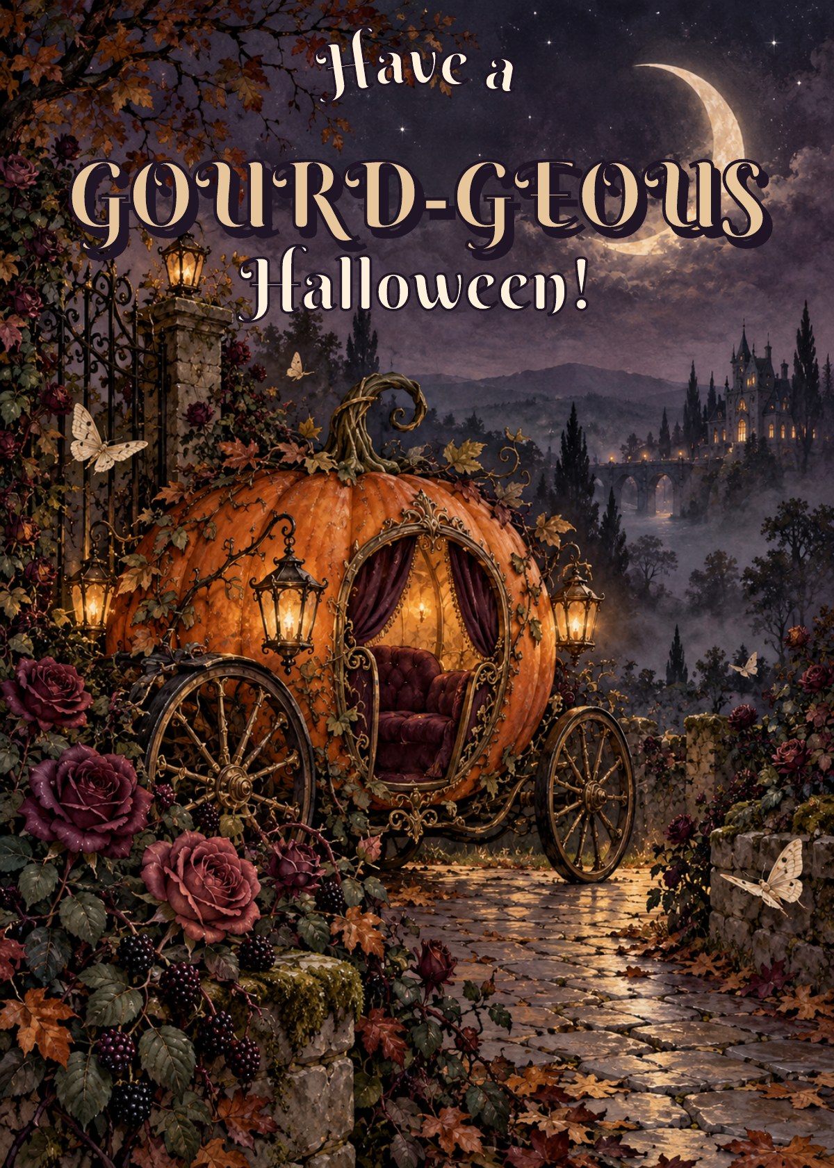 Gothic Halloween card showing a pumpkin carriage beneath a crescent moon. Greeting: Have a Gourd-geous Halloween!