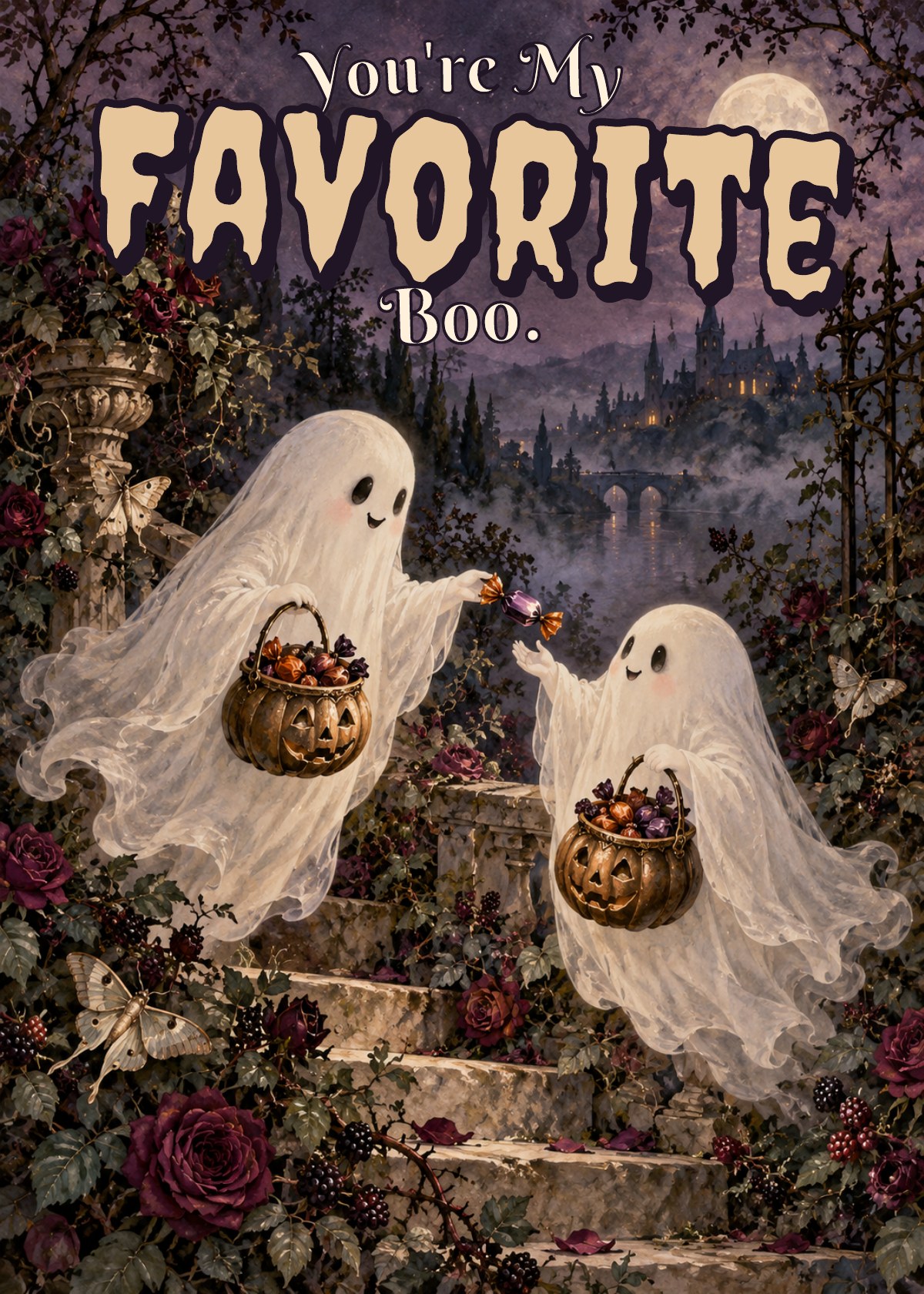 Gothic Halloween card showing two friendly ghosts sharing wrapped candy. Greeting: You're My Favorite Boo.
