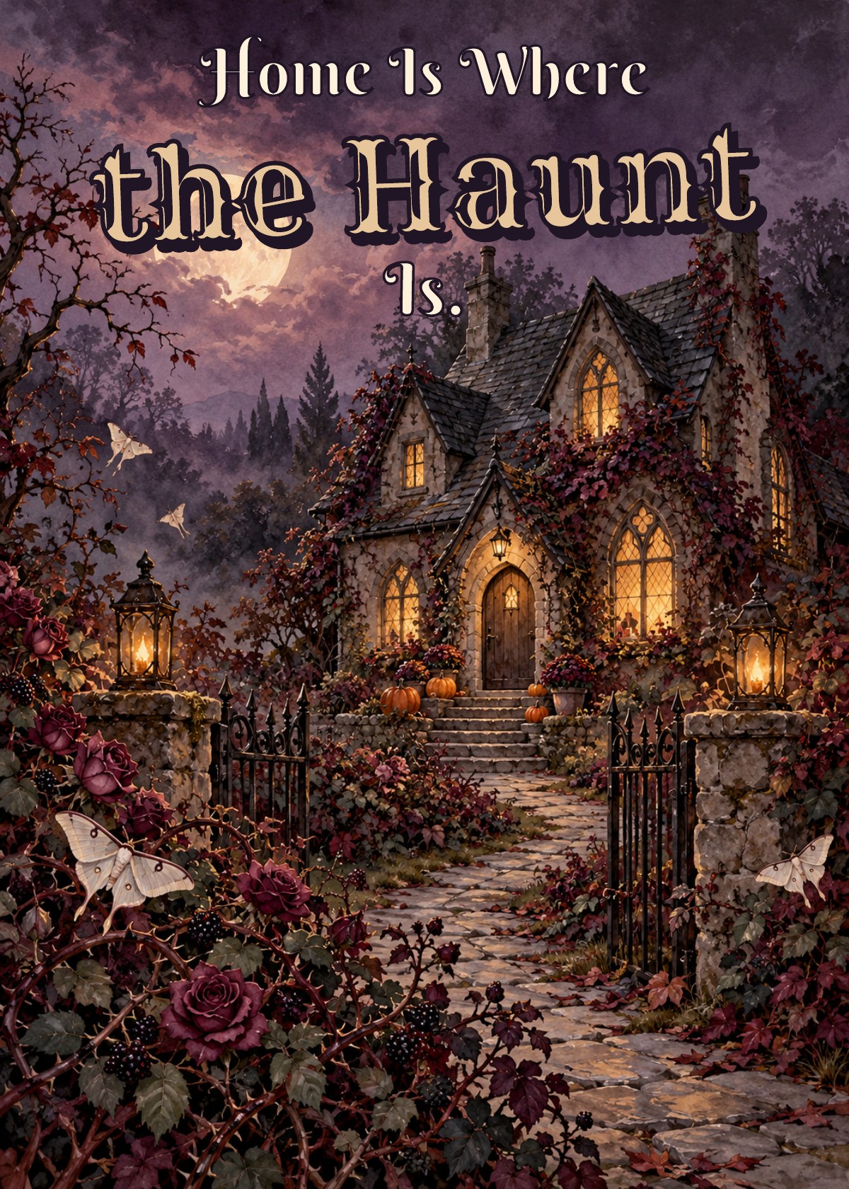 Gothic Halloween card showing a haunted cottage with welcoming glowing windows. Greeting: Home Is Where the Haunt Is.