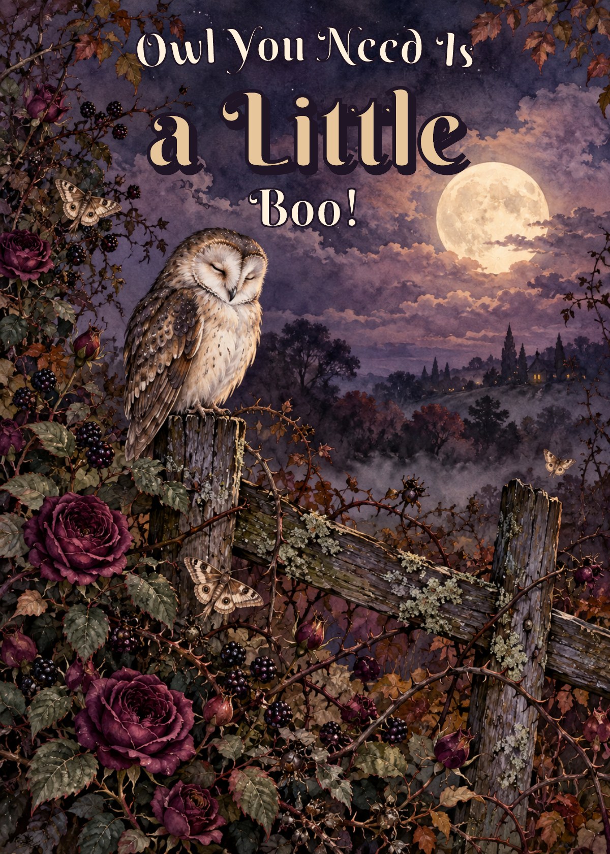 Gothic Halloween card showing a sleepy owl perched on a crooked fence. Greeting: Owl You Need Is a Little Boo!