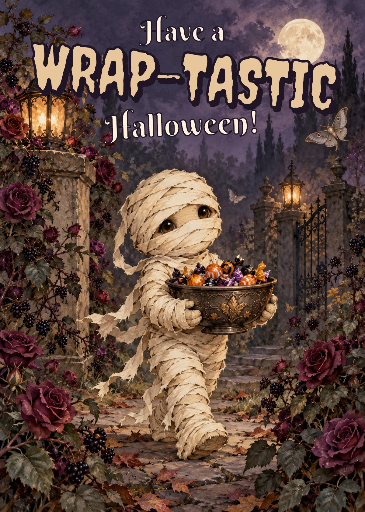 Gothic Halloween card showing a mummy carefully carrying a candy bowl. Greeting: Have a Wrap-tastic Halloween!