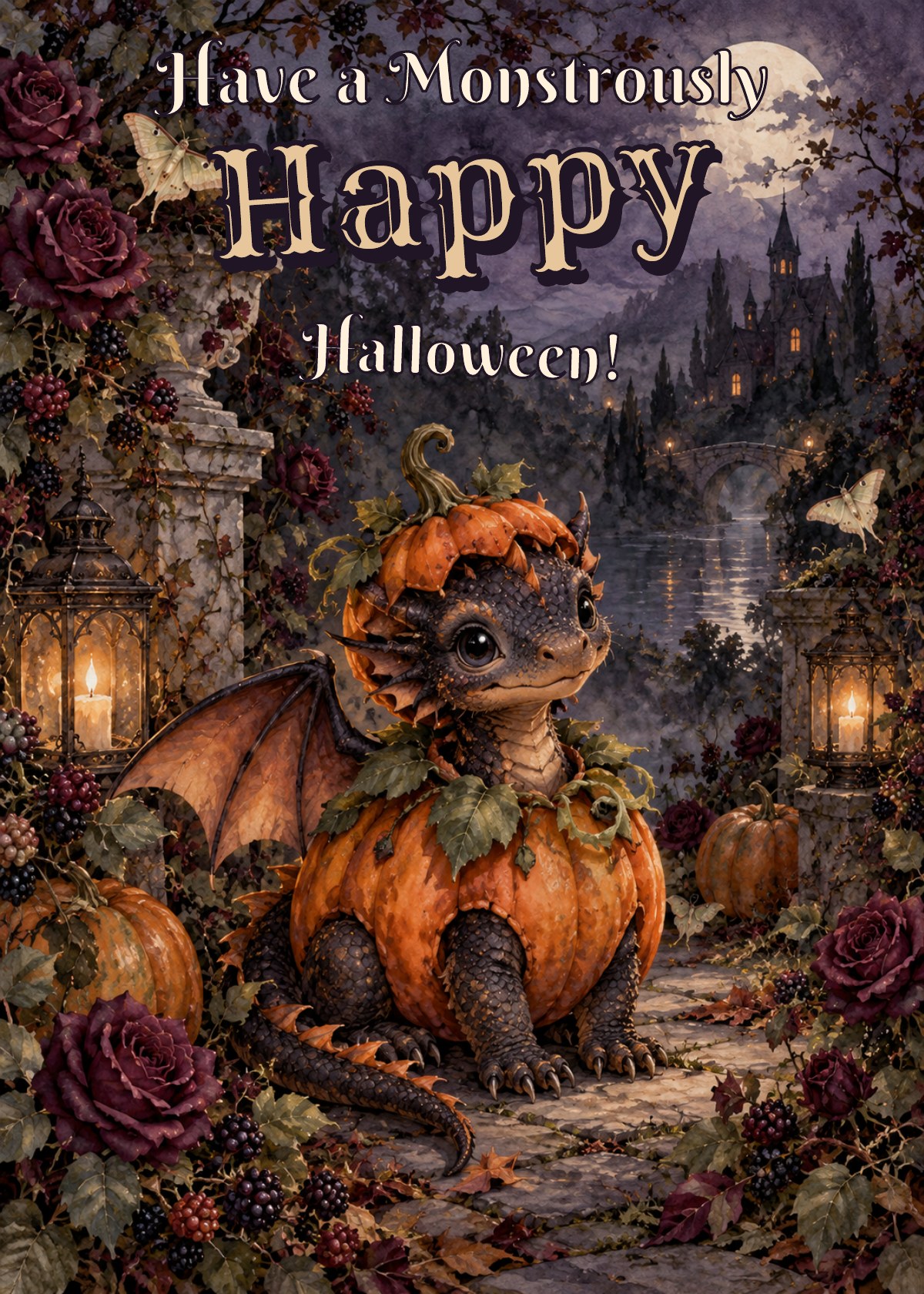 Gothic Halloween card showing a little dragon dressed as a pumpkin. Greeting: Have a Monstrously Happy Halloween!