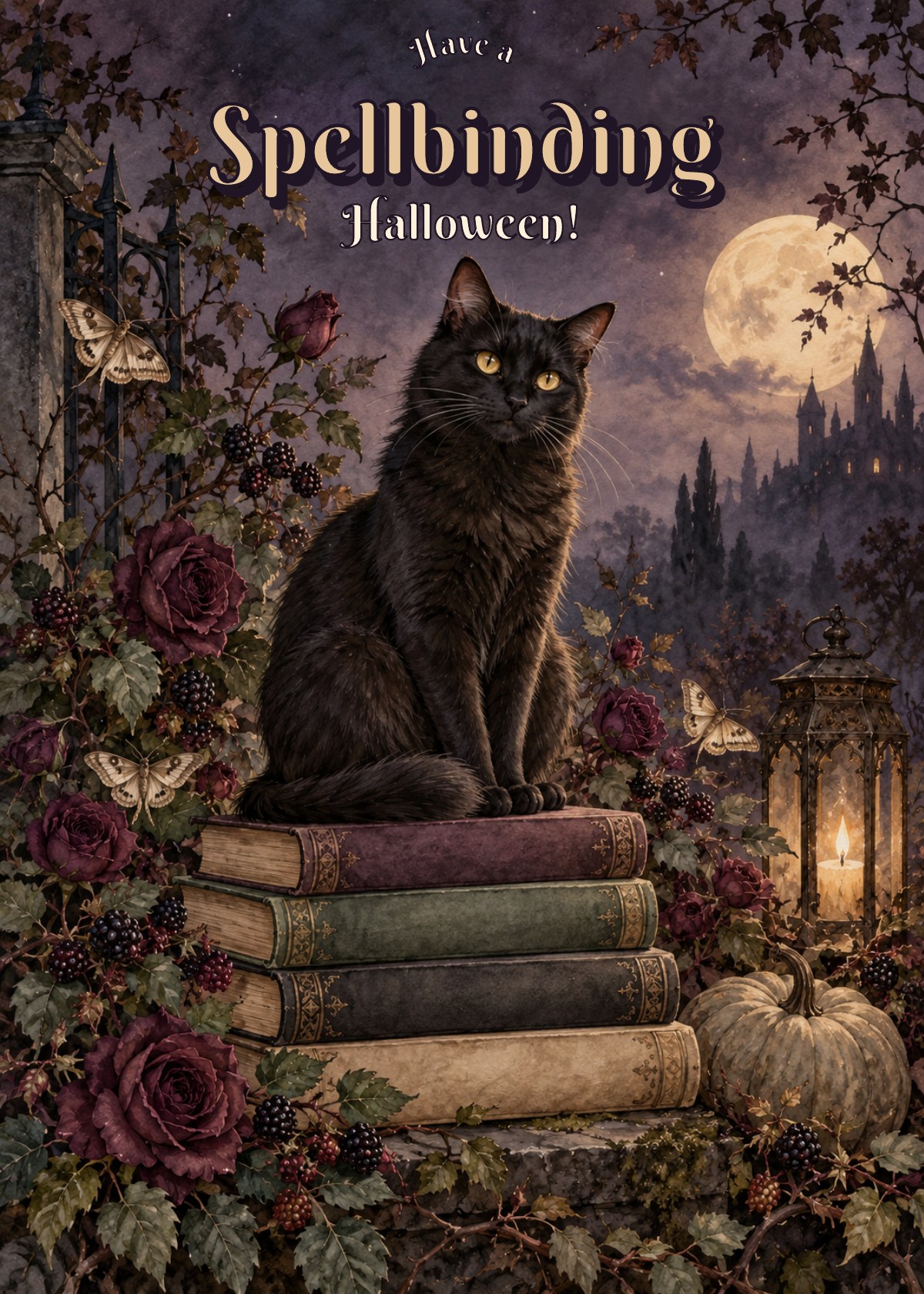 Gothic Halloween card showing a cat sitting on a stack of blank-spined books. Greeting: Have a Spellbinding Halloween!