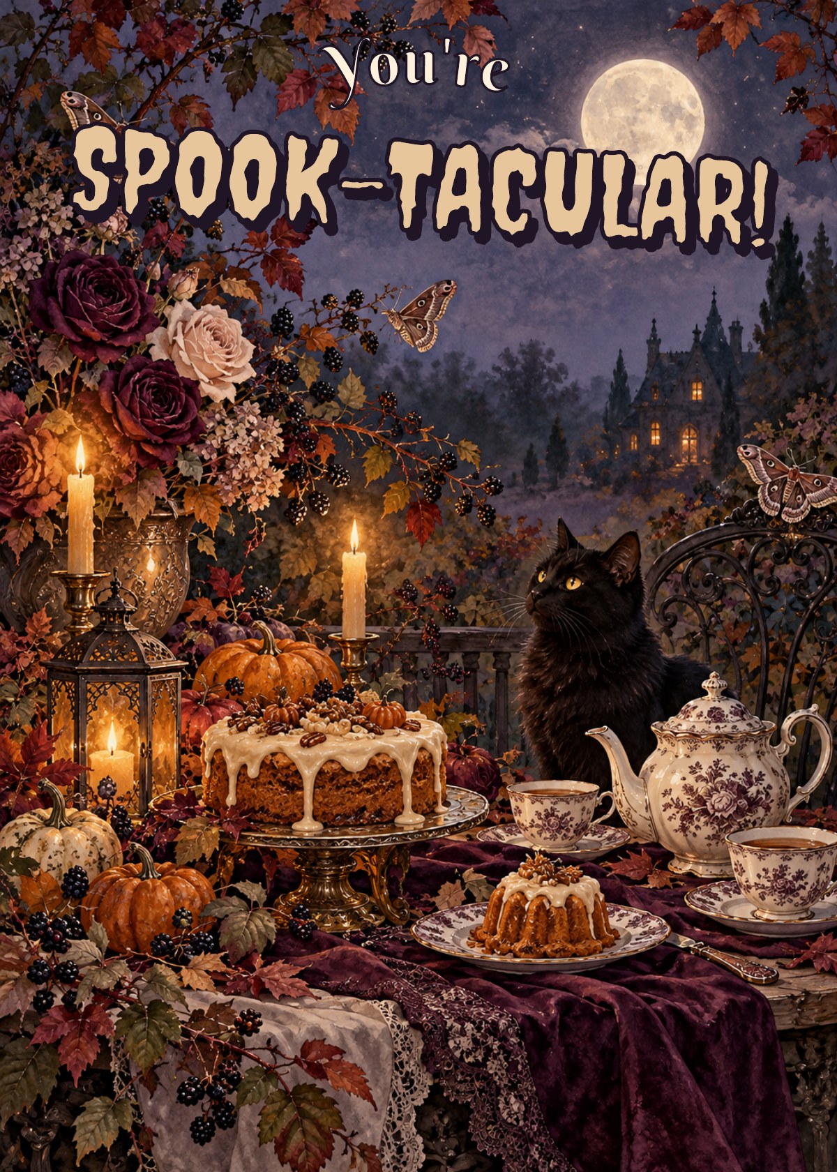 Gothic Halloween card showing a candlelit autumn tea table with pumpkin cakes. Greeting: You're Spook-tacular!