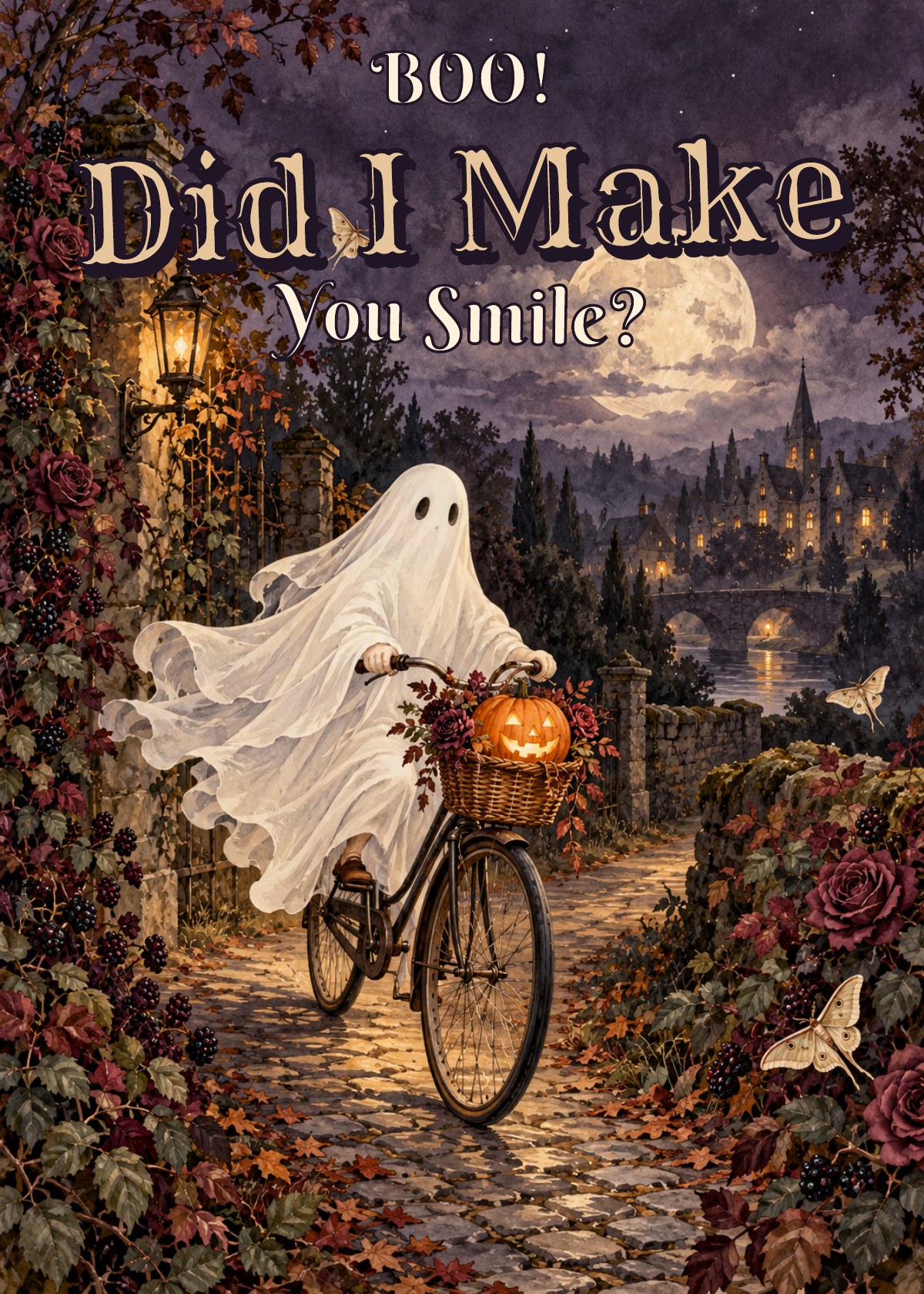 Gothic Halloween card showing a ghost riding a bicycle with a pumpkin basket. Greeting: Boo! Did I Make You Smile?